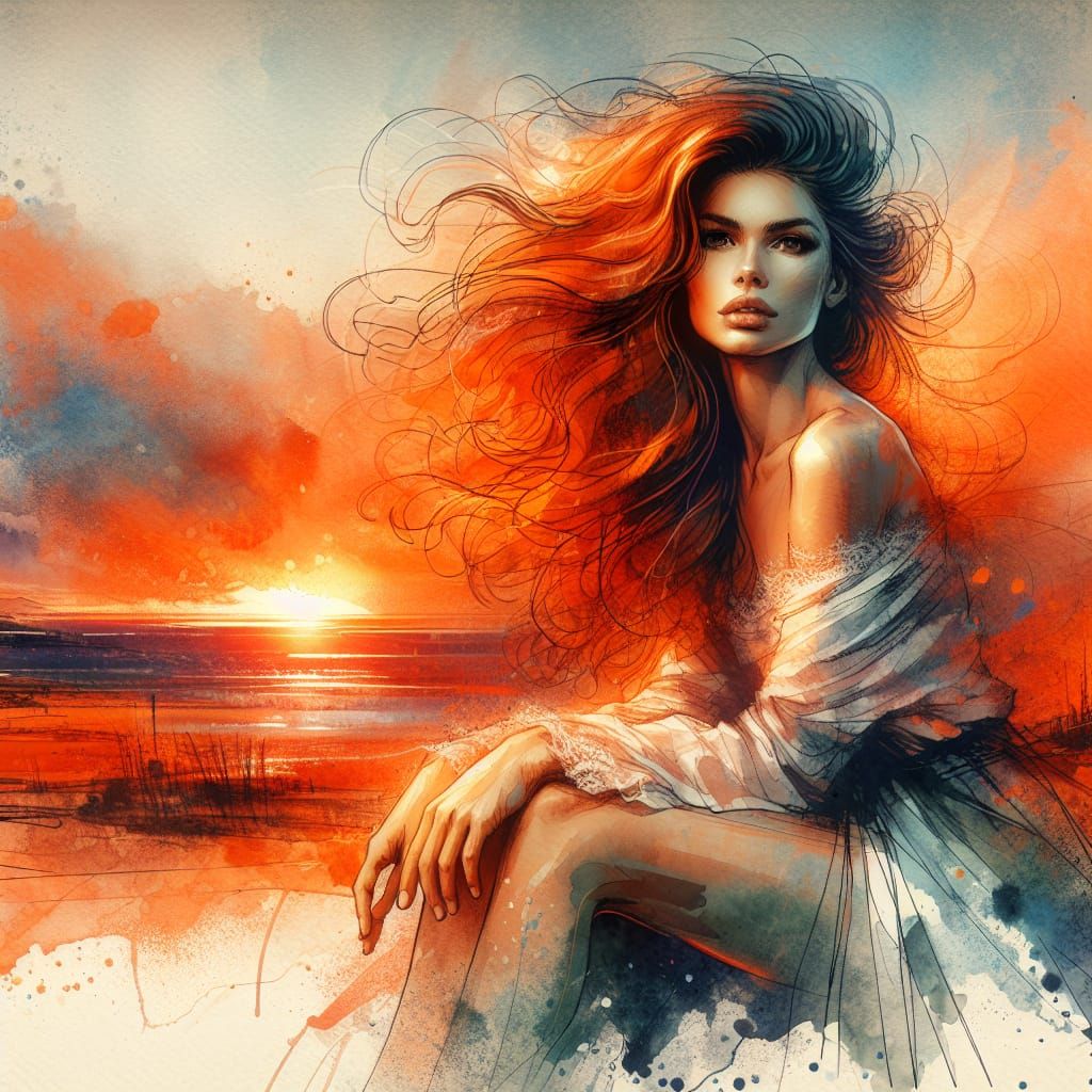 Woman with Orange Hair in Impressionist Sunset