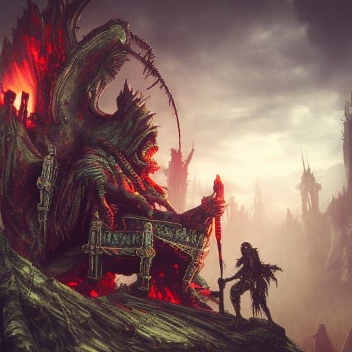 Rotting Zombie Warrior King on Skull Throne