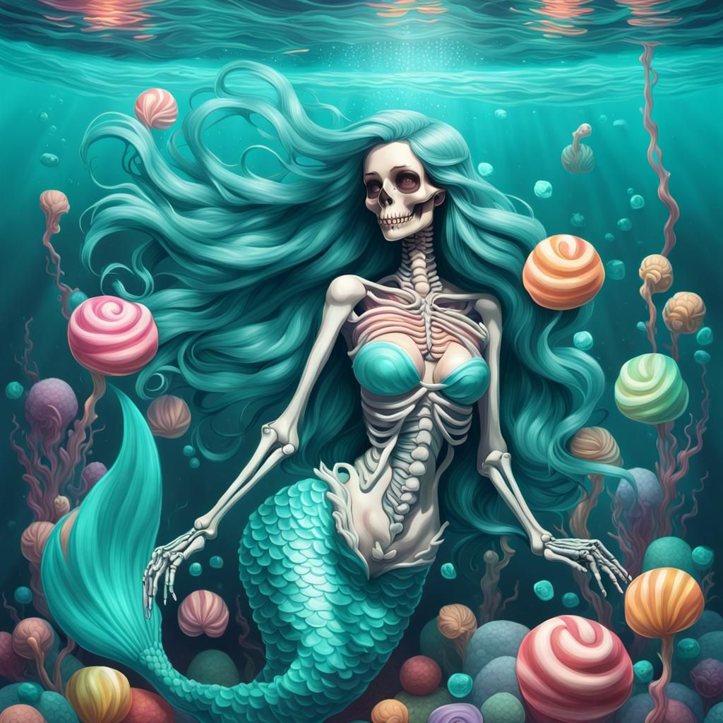 Colorful Skeleton Mermaid in Candy Art Style