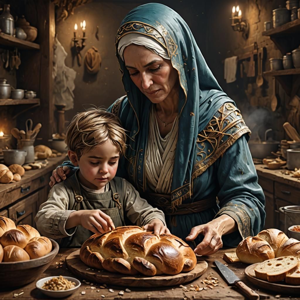 Mary Teaches Jesus Bread Baking: Hyperrealistic Digital Art