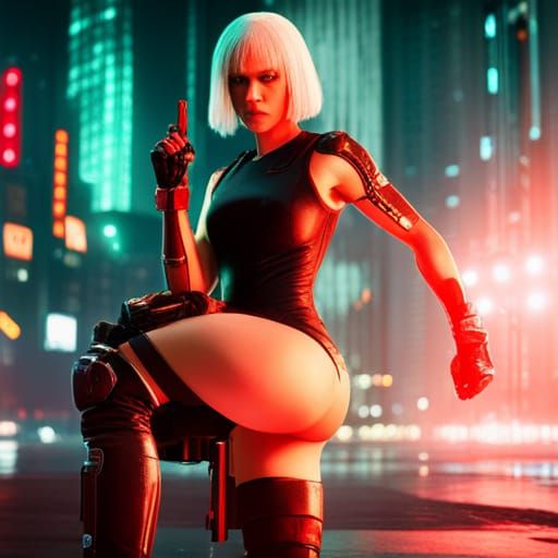 Armored Woman with White Hair in Cyberpunk Style