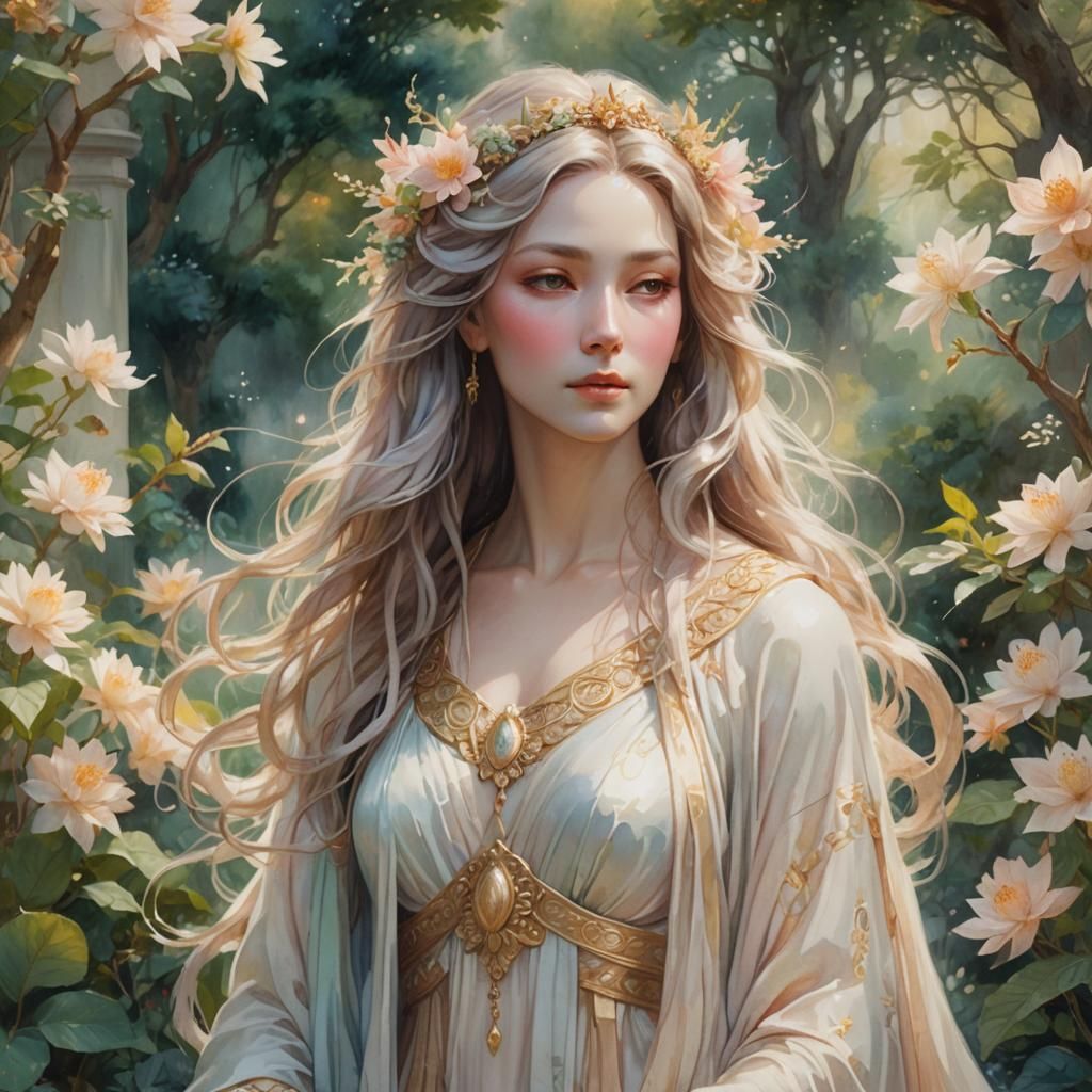 Elegant Goddess in Serene Garden: Watercolor Concept Art