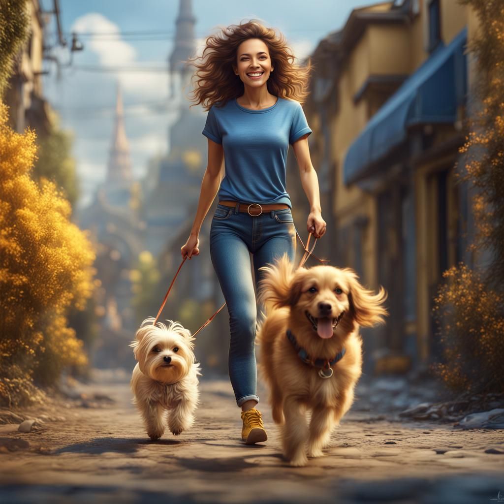 Woman Walking Dog: Detailed Fantasy Art