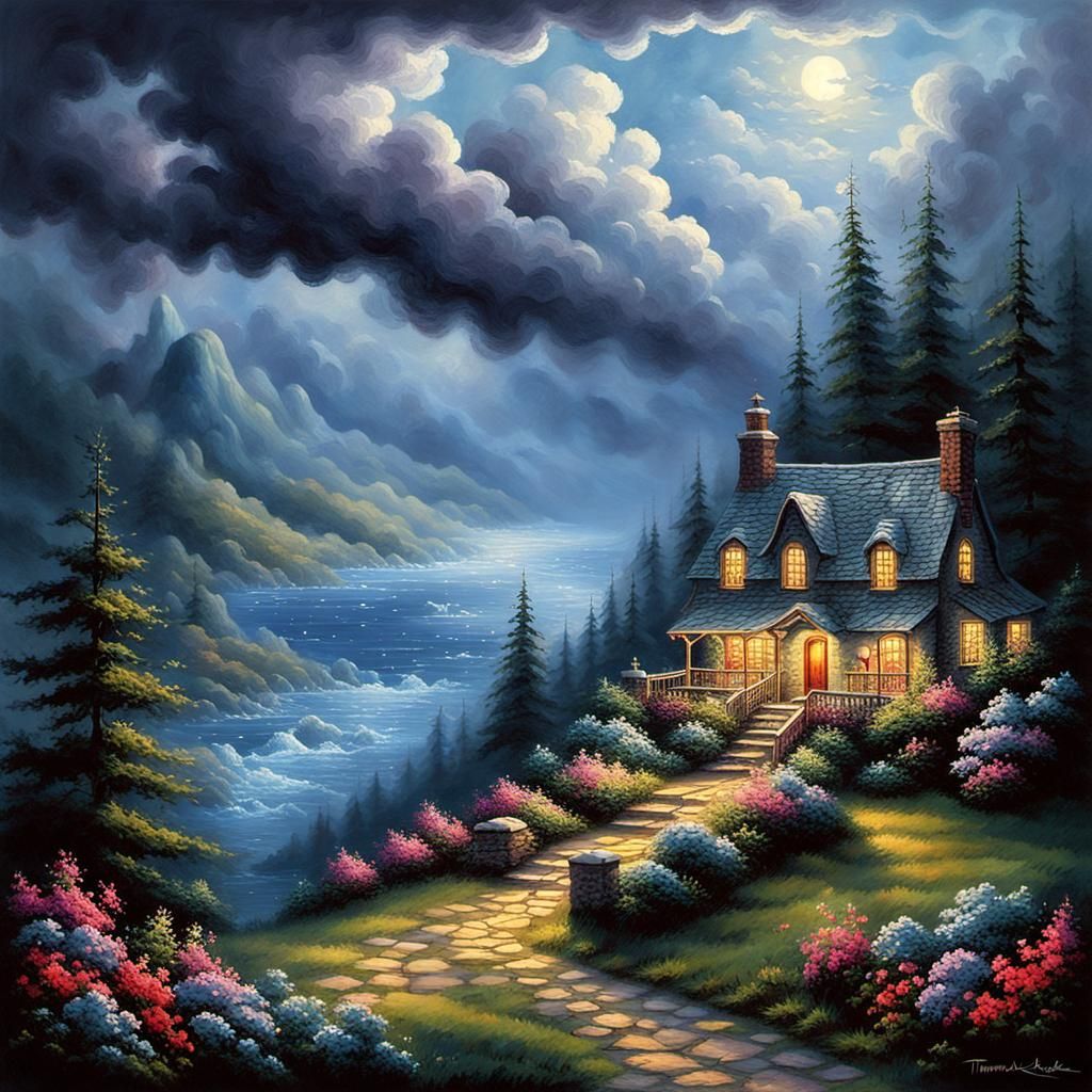 Ethereal Hope: Dark Clouds in a Kinkade-Inspired Fantasy