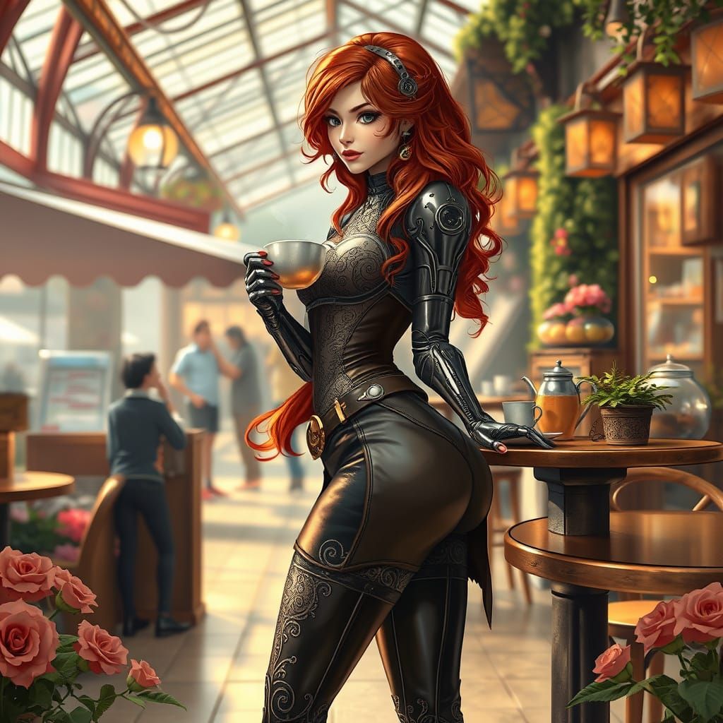 Steampunk Cyborg Having Tea in a Floral Market