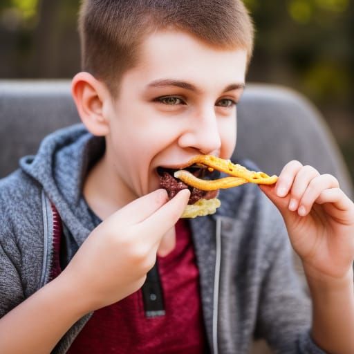 Boy with braces eating beef jerky