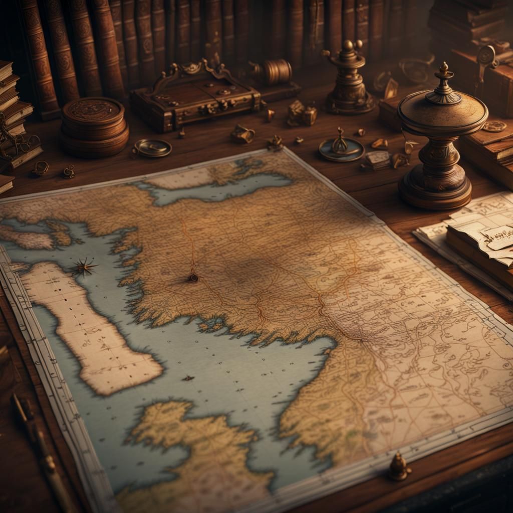 Worn Map on Desk: Fantasy Concept Art