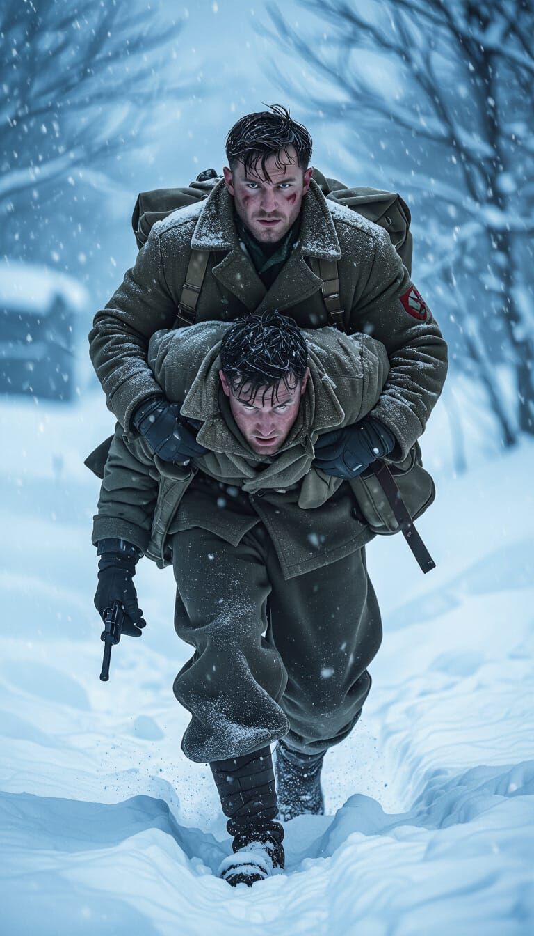 WW2 Soldier Carries Wounded Comrade Through Blizzard