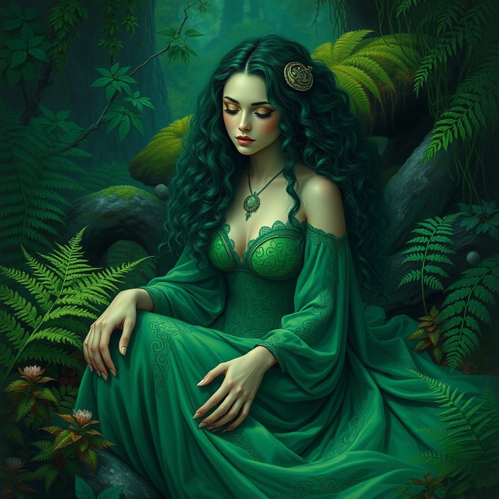 Enchanted Green Goddess Amidst Lush Forest Vines