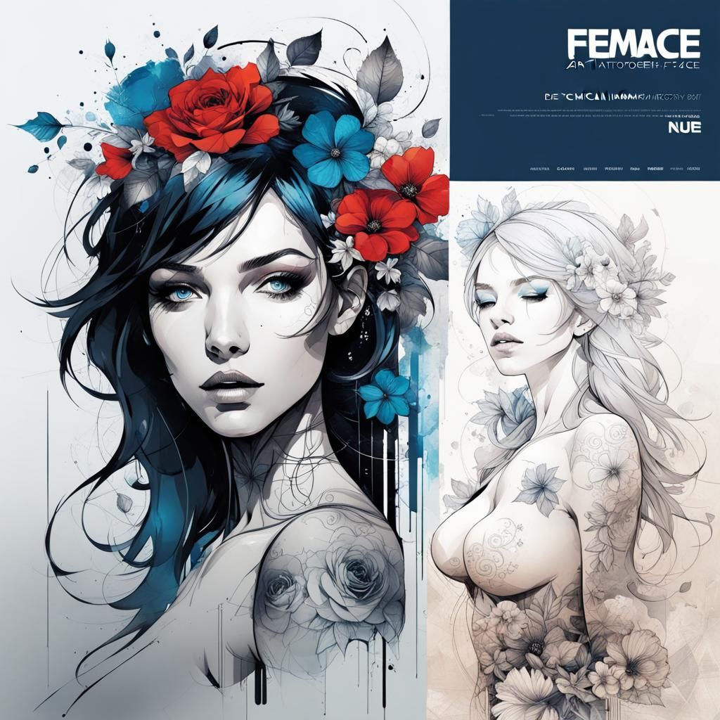 Tattooed Nude: Technical Concept Art in Blue and Silver