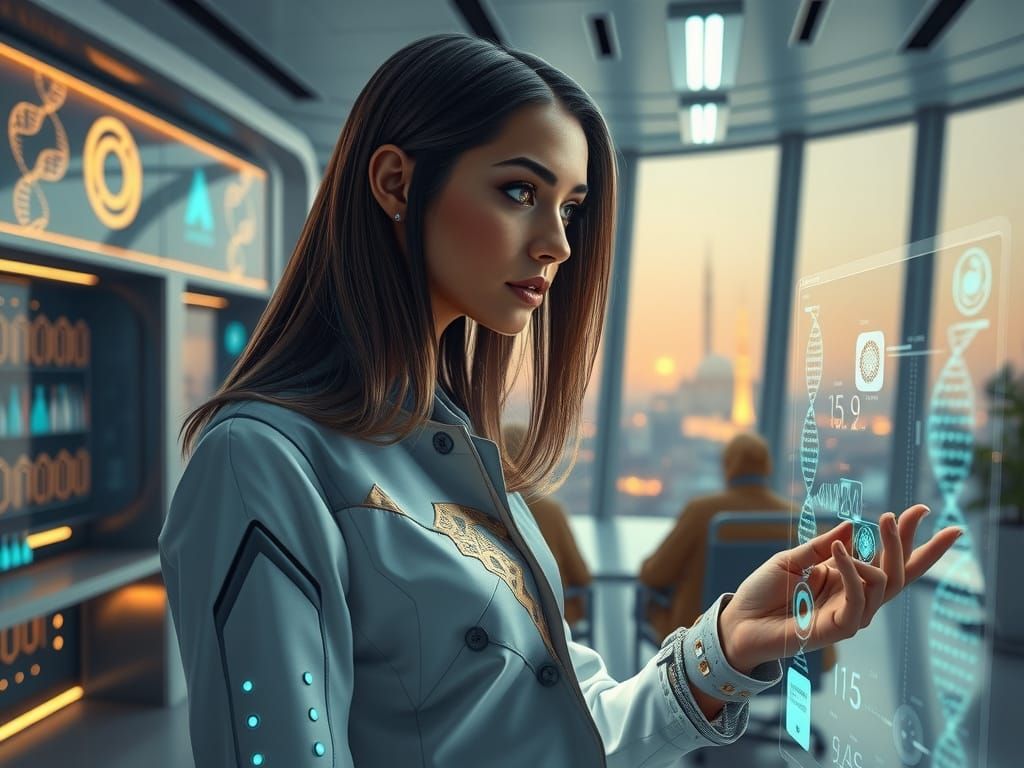 Elegant Egyptian Geneticist in Futuristic Cairo Lab