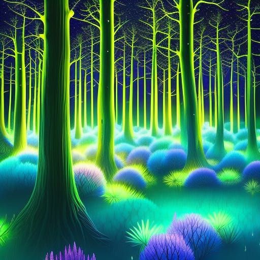 Glowing Bioluminescent Forest at Night