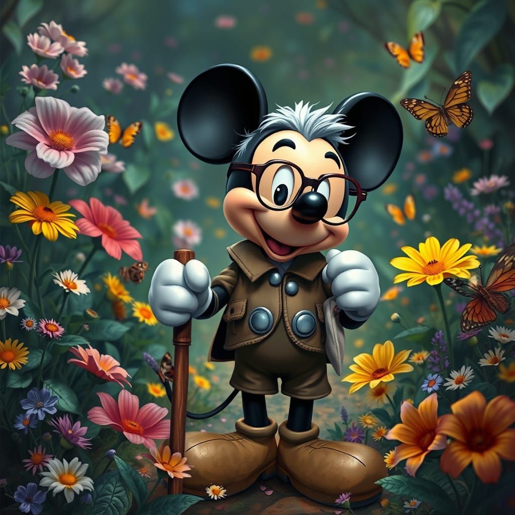A charming illustration of an elderly Mickey Mouse, donning ...