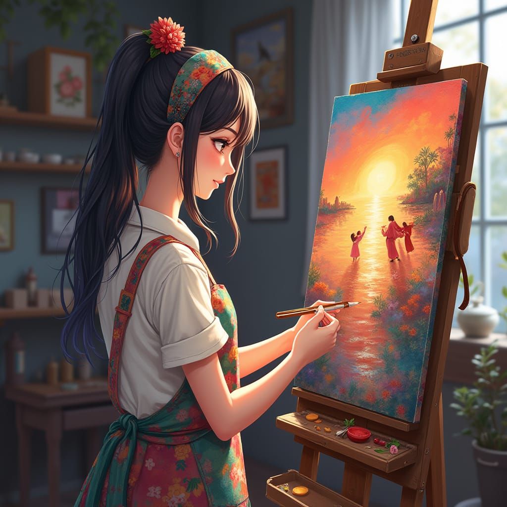 Anime Girl Painting with Bold Brushstrokes