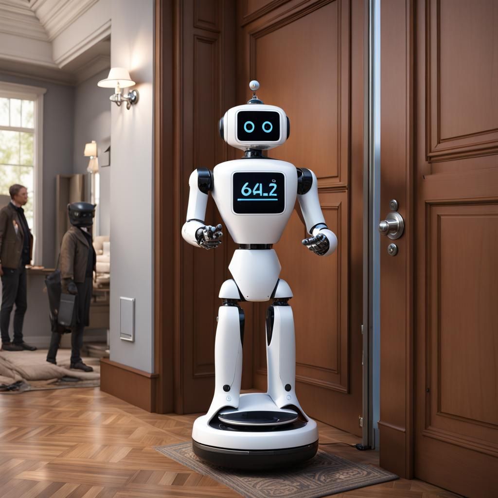 Hyperrealistic Robot Butler Answering Door in 64k