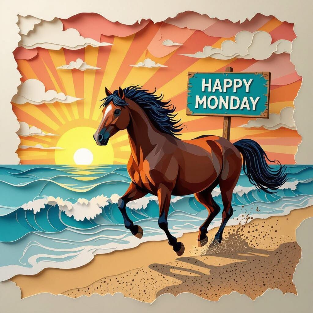 Paper Cutout Horse on Beach Sunrise