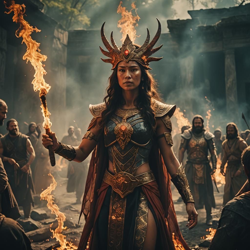Dramatic Film Still of a Fiery Female God
