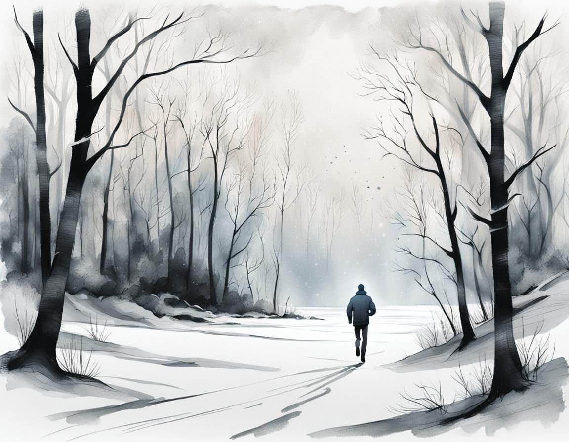 Mixed media illustration. Medium shot. A lone figure runs in a snowy forest, surrounded by bare trees and a frozen lake....