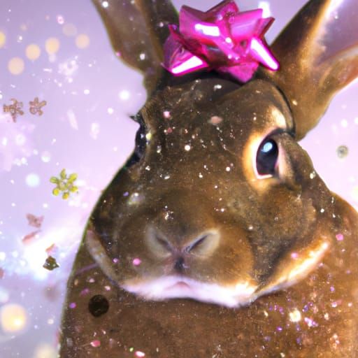 Iridescent Rabbit with Pink Ribbons in Snow