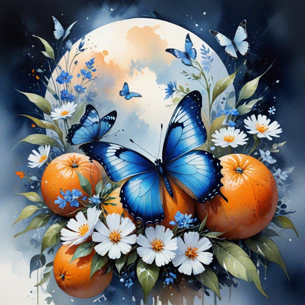 Blue Butterfly and Oranges in Dreamy Watercolor Style