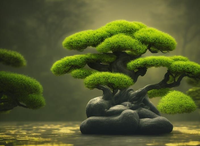 Lush Bonsai Tree in Japanese Garden, Fantasy Art