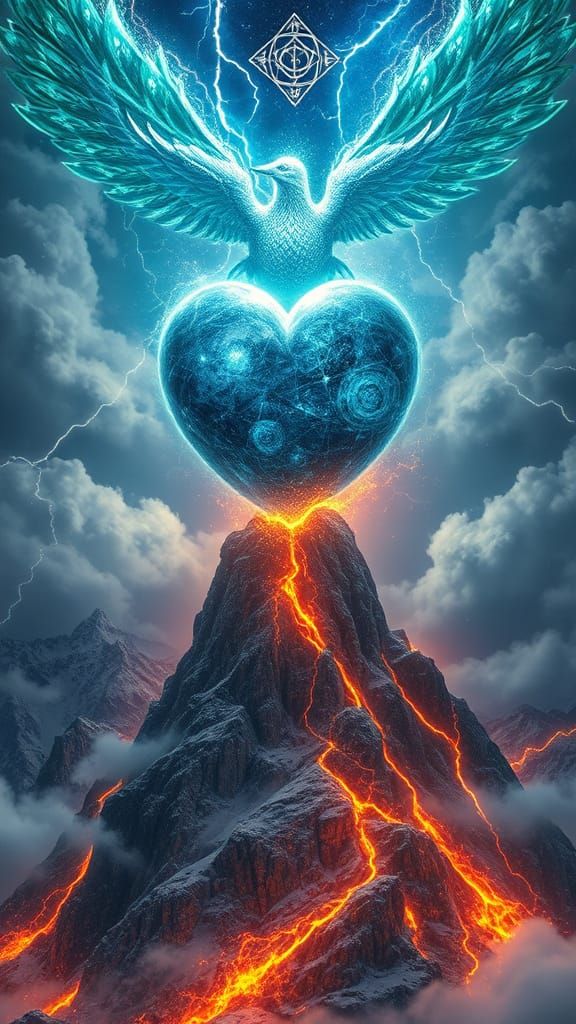 Elemental Crystal Heart Above Mountain Peak