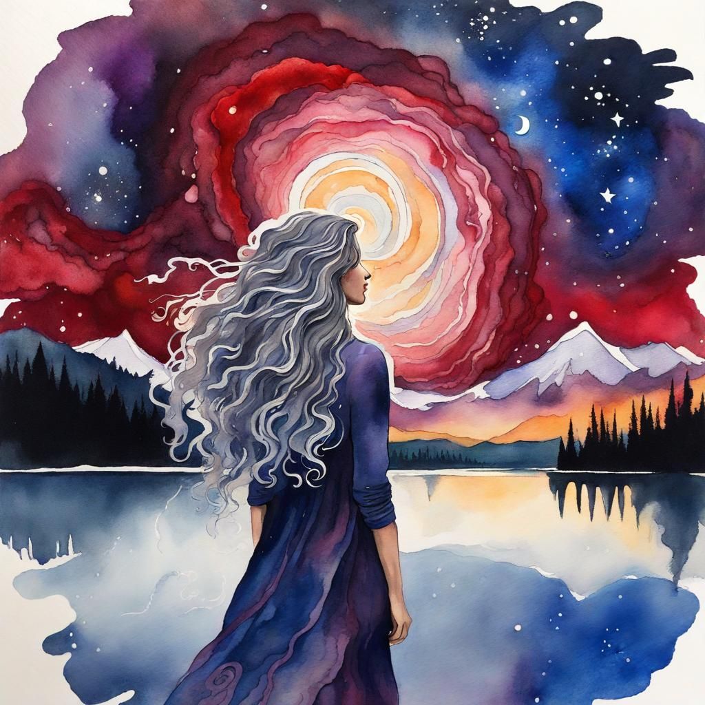 Female with Very Long Flowing  Gray  Curly Hair, Next to Mountain Lake looking up at Alcohol Ink Spiral Nebula, Starry N...