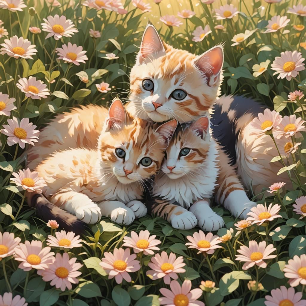 Kittens in Sun-Drenched Field: Whimsical 3D Anime Art