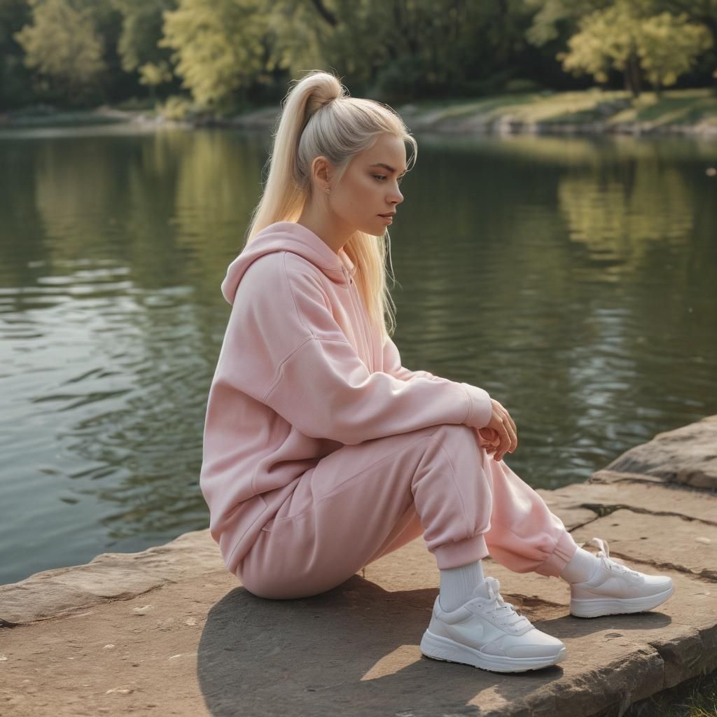 Ethereal Film Star Sits by Serene Lake in Soft Pastel Hues
