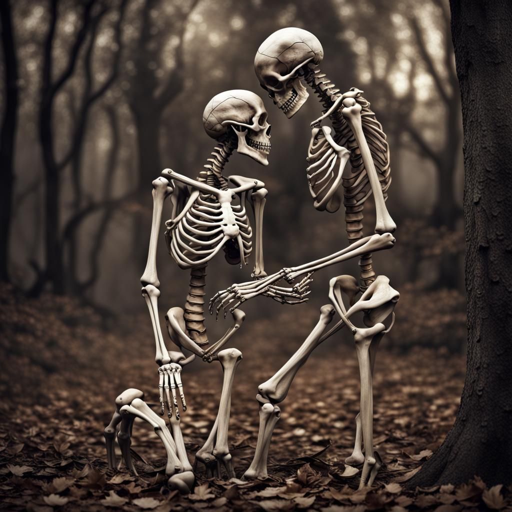 Skeletal Embrace: A Hauntingly Beautiful Love Scene