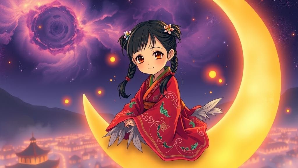 Whimsical Moonlit Goddess in Vibrant Robe