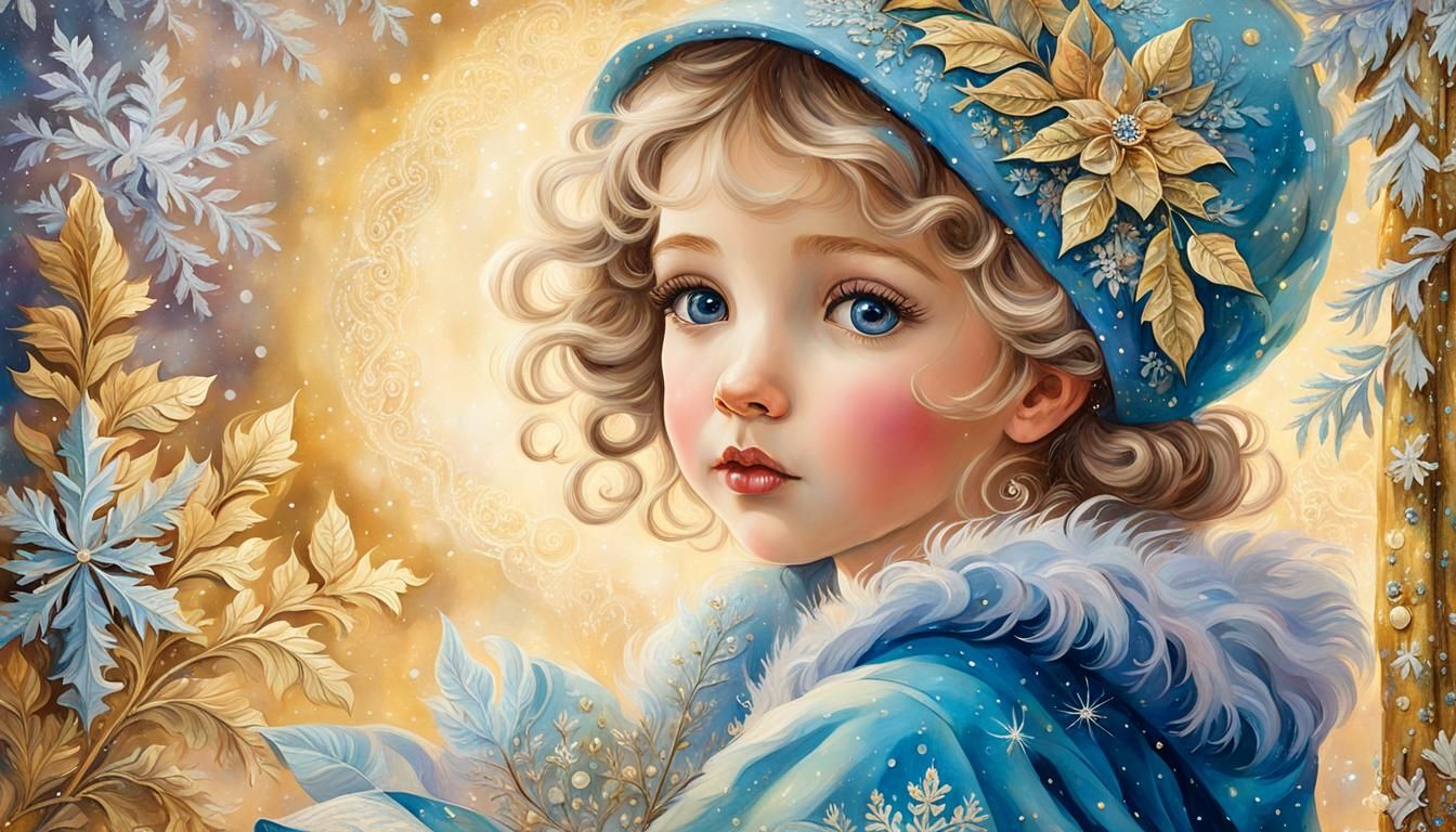 Baby Girl in Winter Wonderland, Gouache Impasto