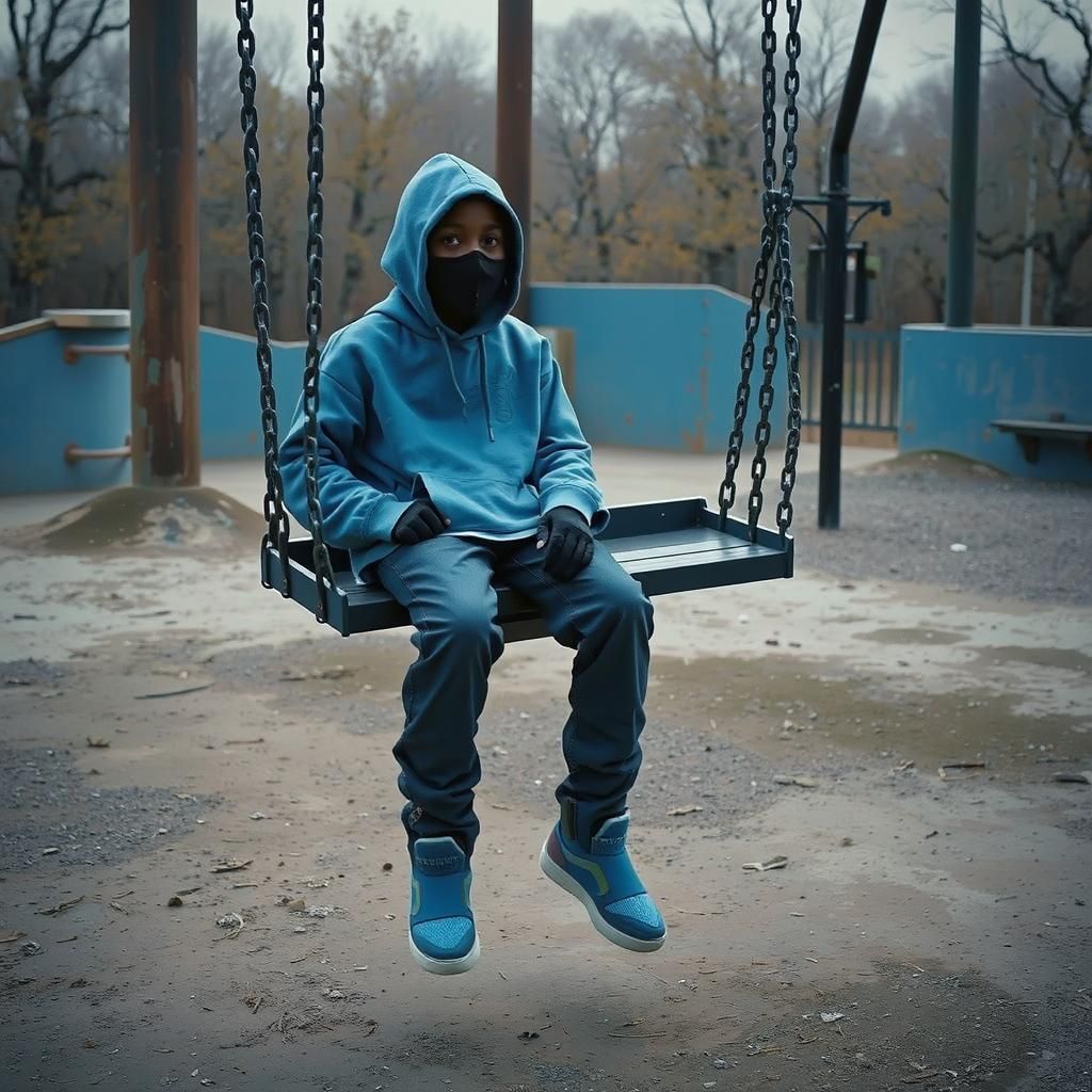 Black Boy on Swing in Abandoned Playground: Cinematic Film