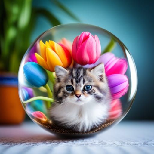 Rainbow Tulips and Angry Kitten in Glass Ball