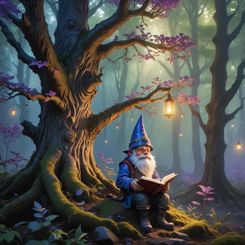Gnome Reading Under Glowing Tree: Fantasy Art