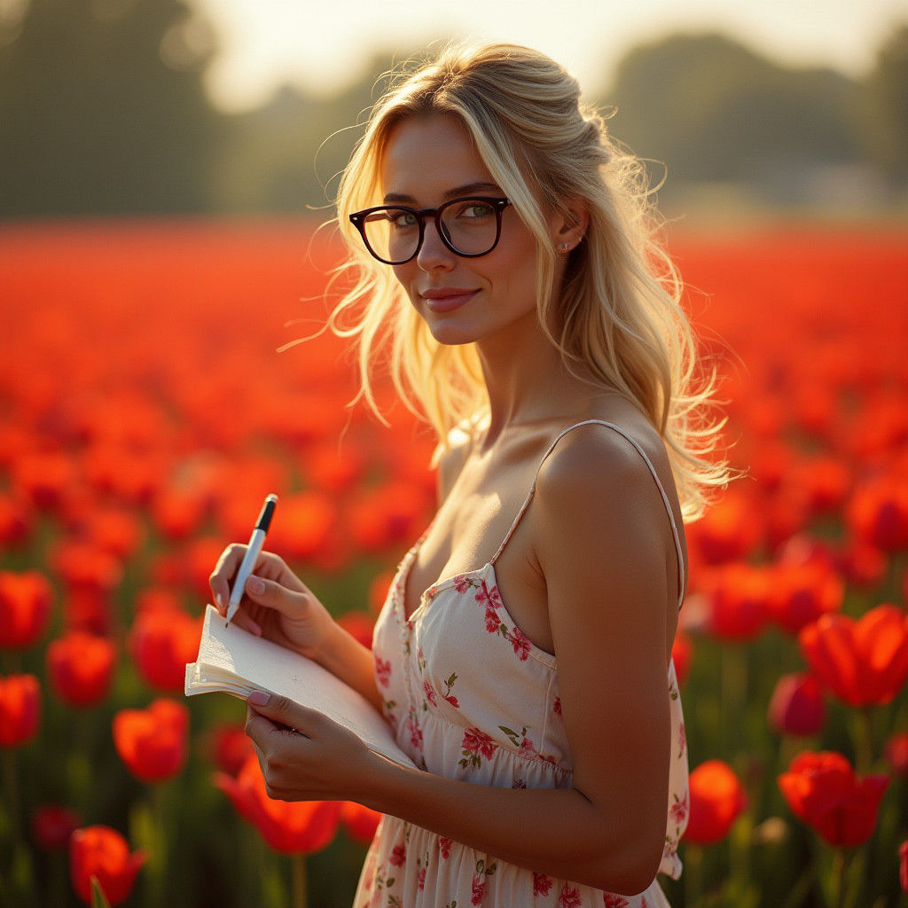 Contemplative Woman in Tulip Field, Cinematic Style