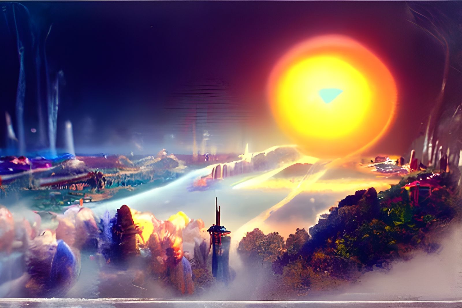 Burning Plane Tree Sun: Ethereal Fantasy Art