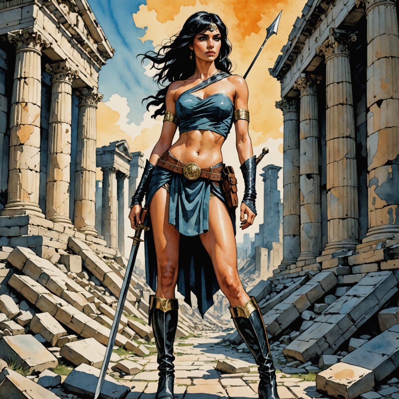 Exquisite Watercolour Goddess in Ancient Greek Ruins