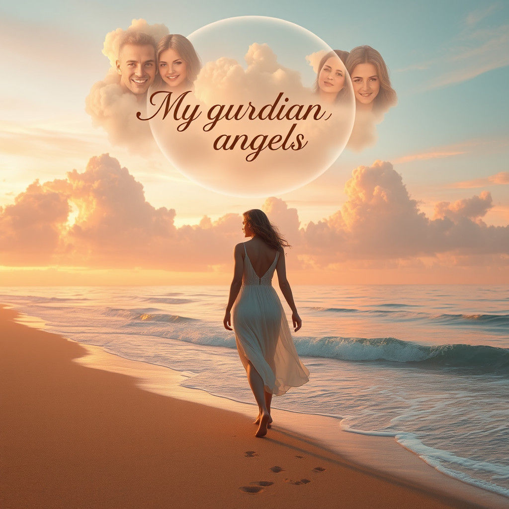 Sunset Beach Scene with Guardian Angels in Art Nouveau Style