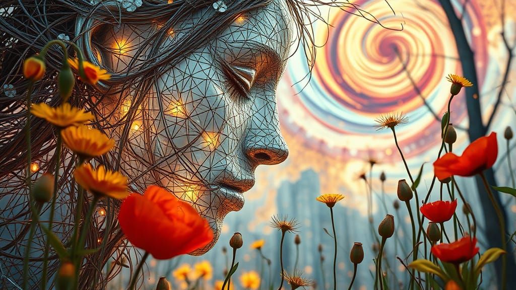 Filigree Woman Kissing Garden: Bio-Art Portrait