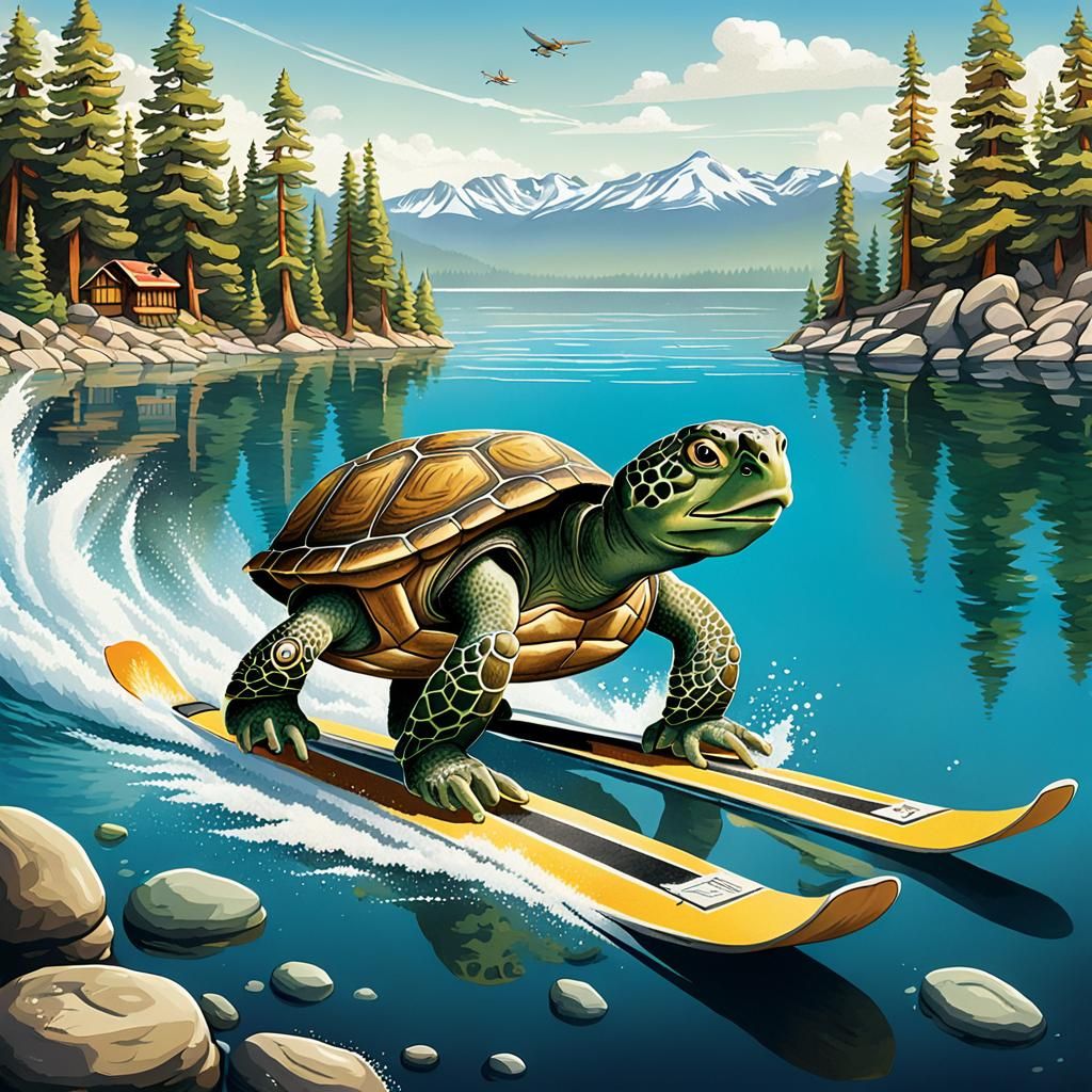 Turtle Waterskiing on Lake Tahoe Storybook Illustration