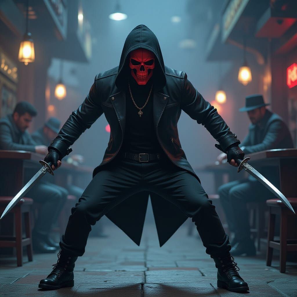 Masked Figure Fighting in Smoky Cyberpunk Bar