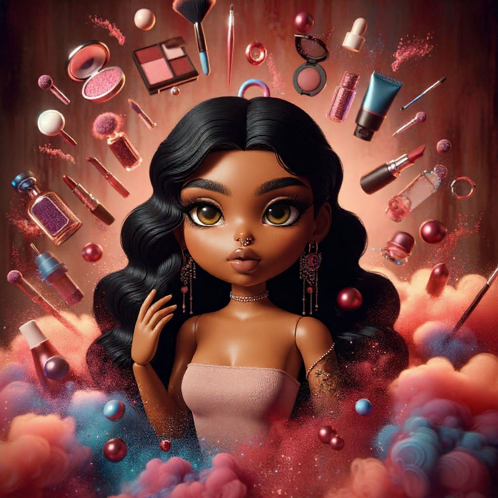 Curvaceous Cartoon Doll with Floating Cosmetics, 3D Art