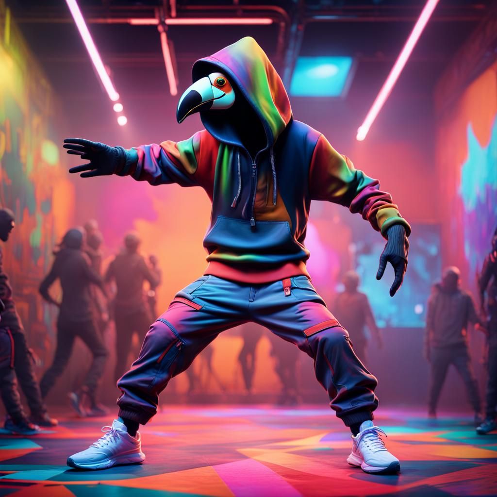 Dancing Humanoid Toucan in Colorful Club