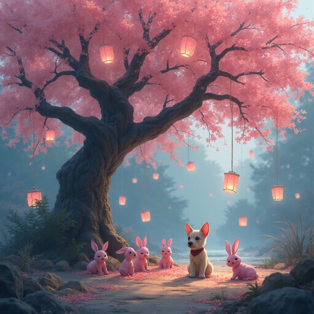 Enchanting Cherry Tree in Zen Garden with Mythical Creatures