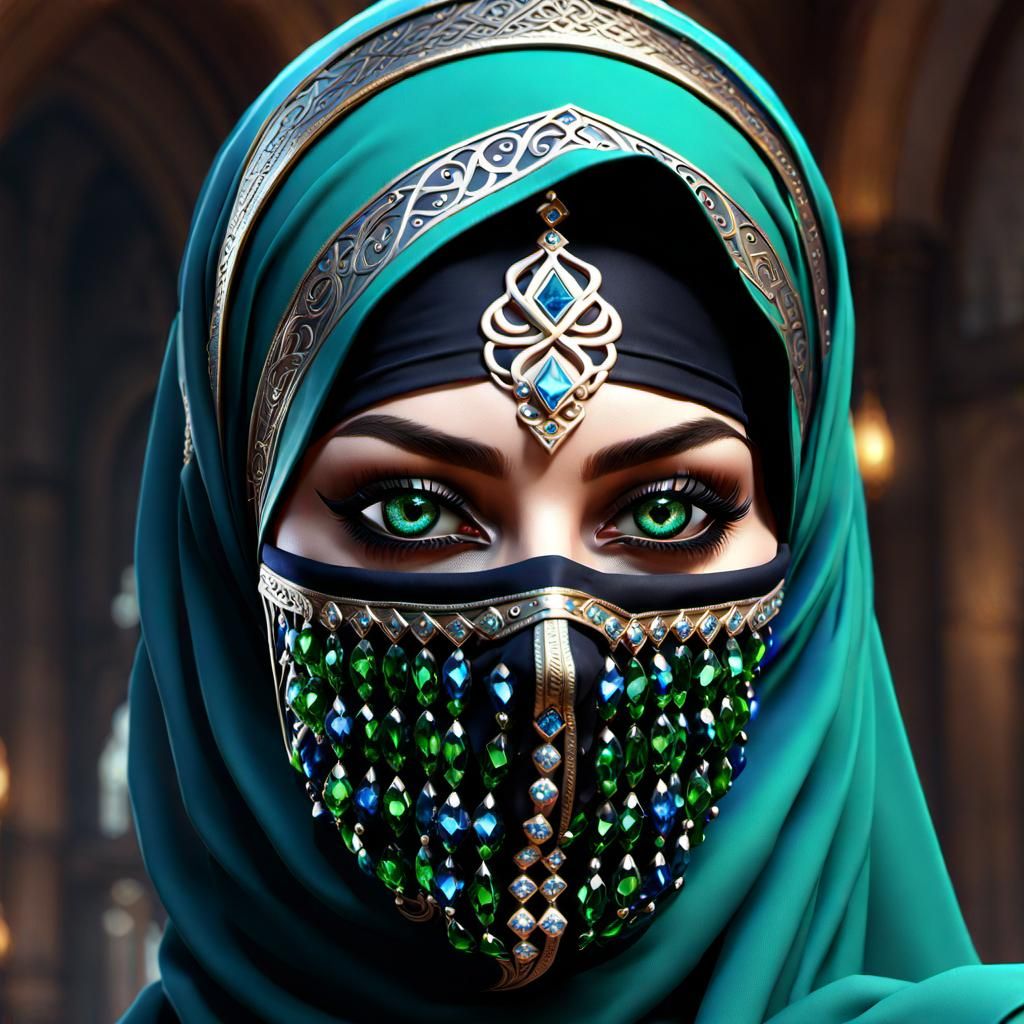 Gothic Jeweled Masked Woman in Art Nouveau Style
