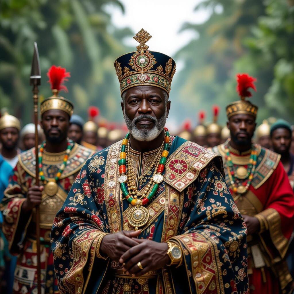 African Lord Njoku Arrives with Guard in Figurative Style