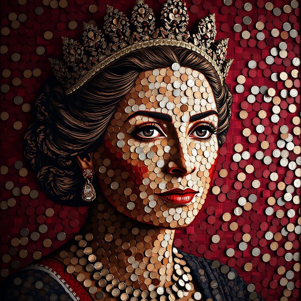 Regal Queen Mosaic Portrait Made of Coins