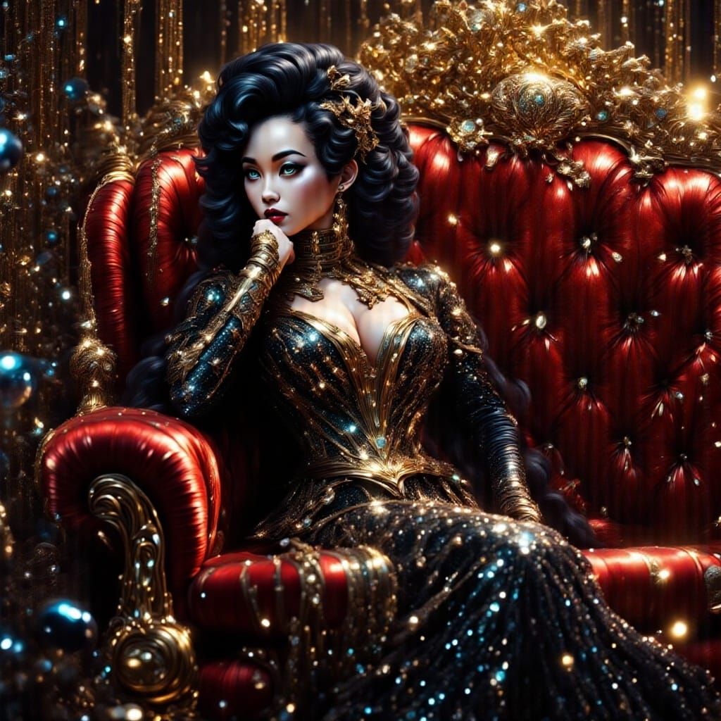 Pin-Up Girl in Leather and Lace on Red Velvet Sofa