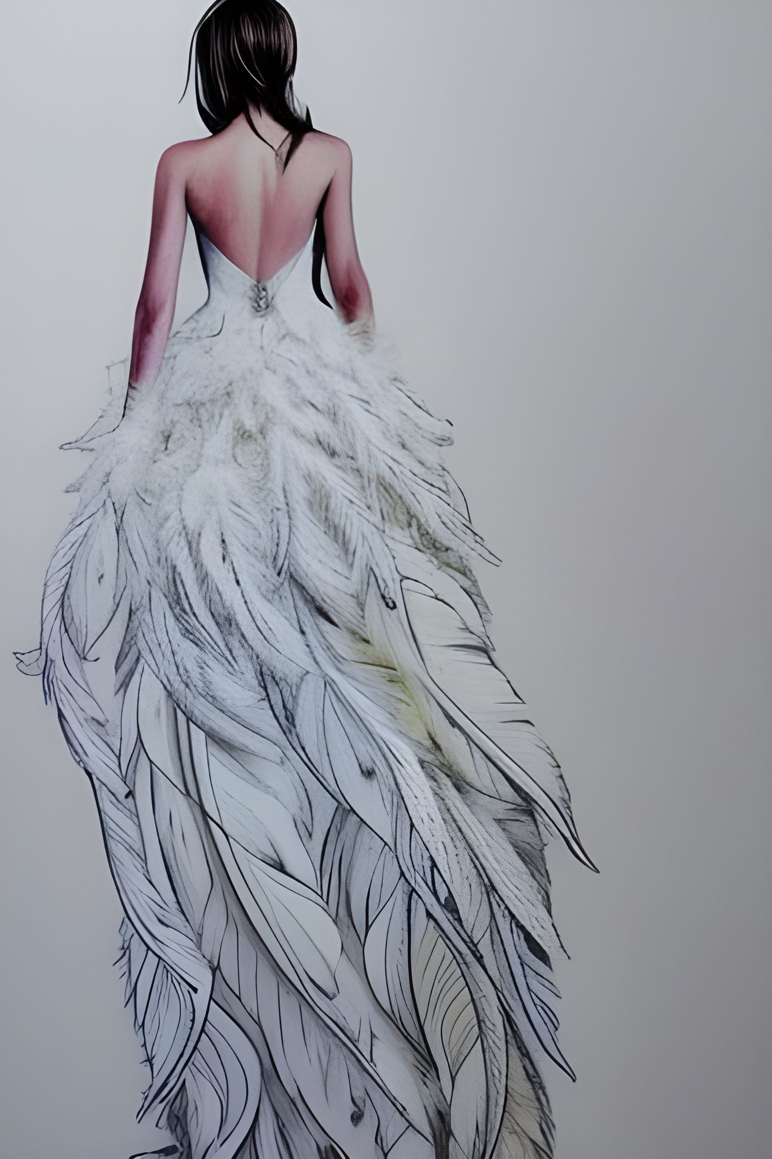 Magnificent Feather Wedding Dress: Watercolor Concept Art